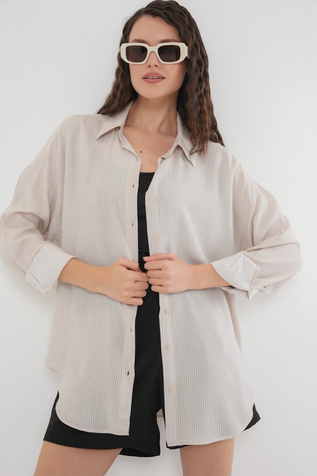 Çizgili Oversize Gömlek 20295 - Mavi