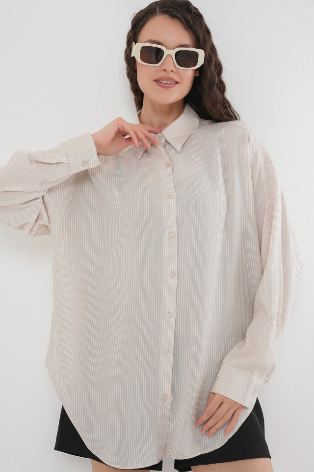 Çizgili Oversize Gömlek 20295 - Mavi